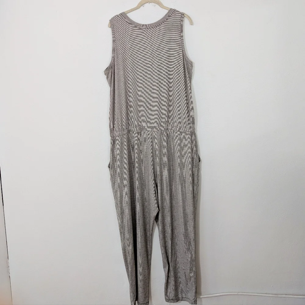 LOGO Lori Goldstein Striped Henley Sleeveless Jumpsuit Space Dye Beige Black 1X